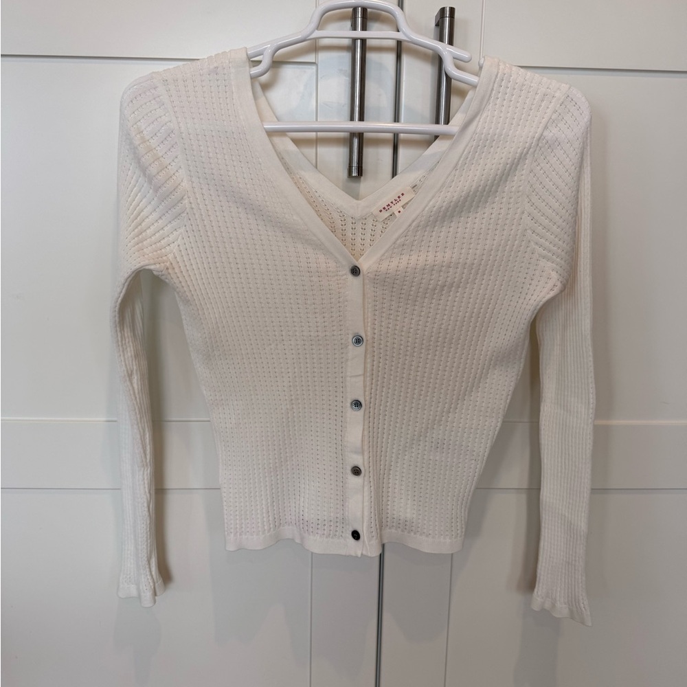 Demylee | Pointelle Cotton Women's White Knit Button-Front Sweater